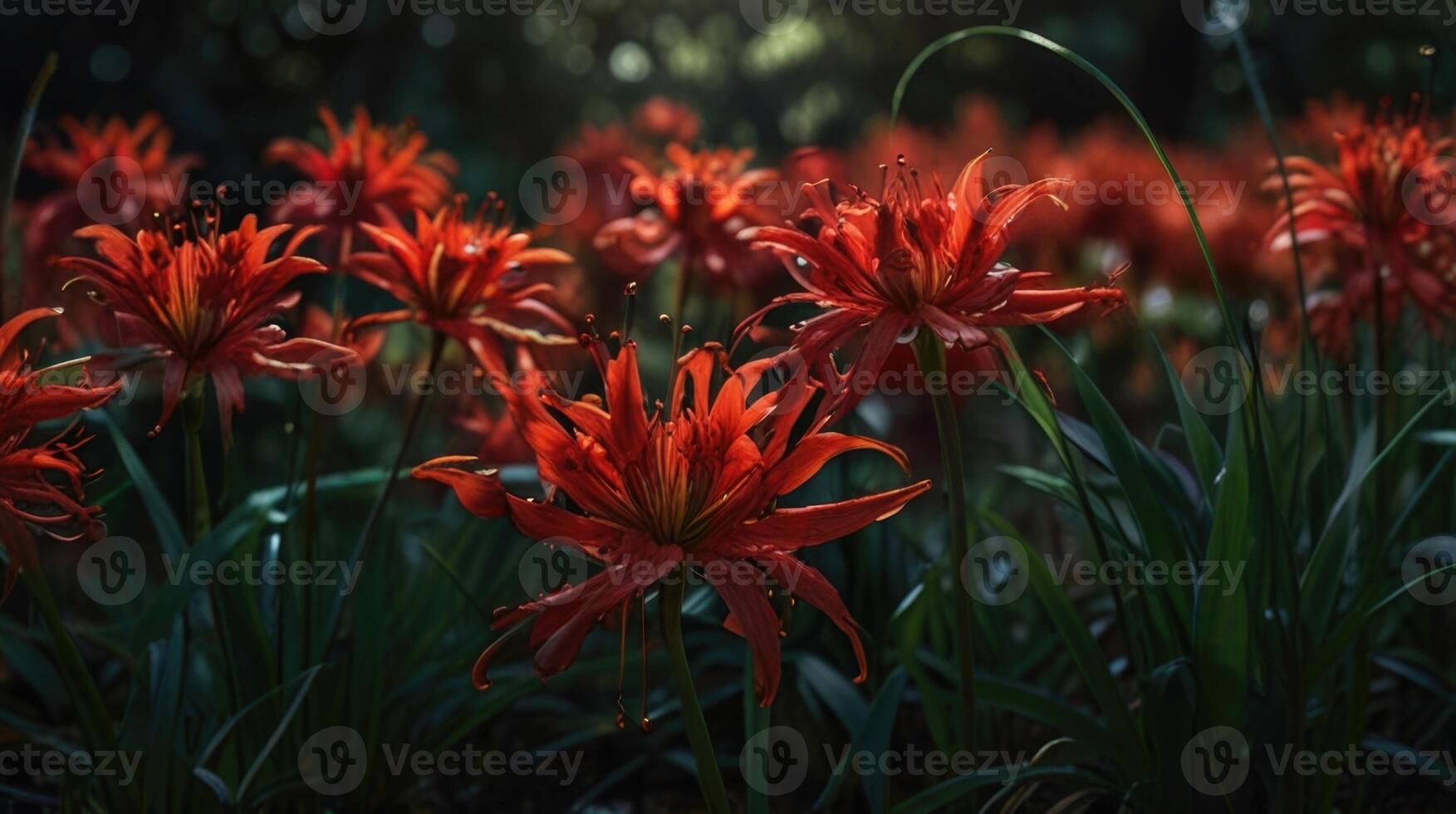 a field of red spider lily in the dark photo