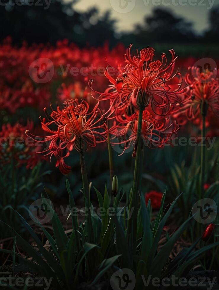 a field of red spider lily in the dark photo