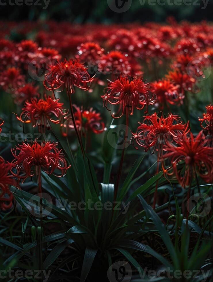 a field of red spider lily in the dark photo