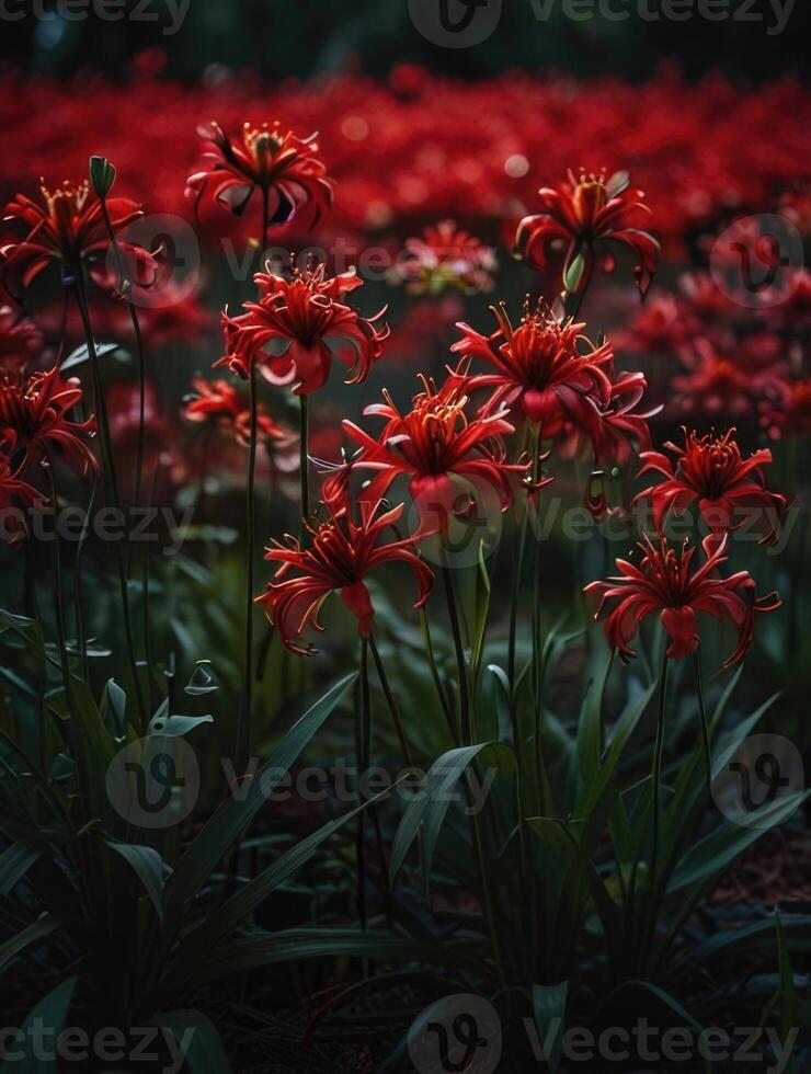 a field of red spider lily in the dark photo