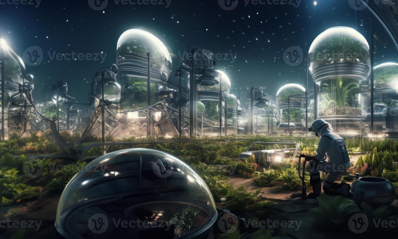 A futuristic depiction of agriculture shows cultivation and farming in glass enclosures on the surface of Mars in space, highlighting innovation and sustainability efforts in space photo