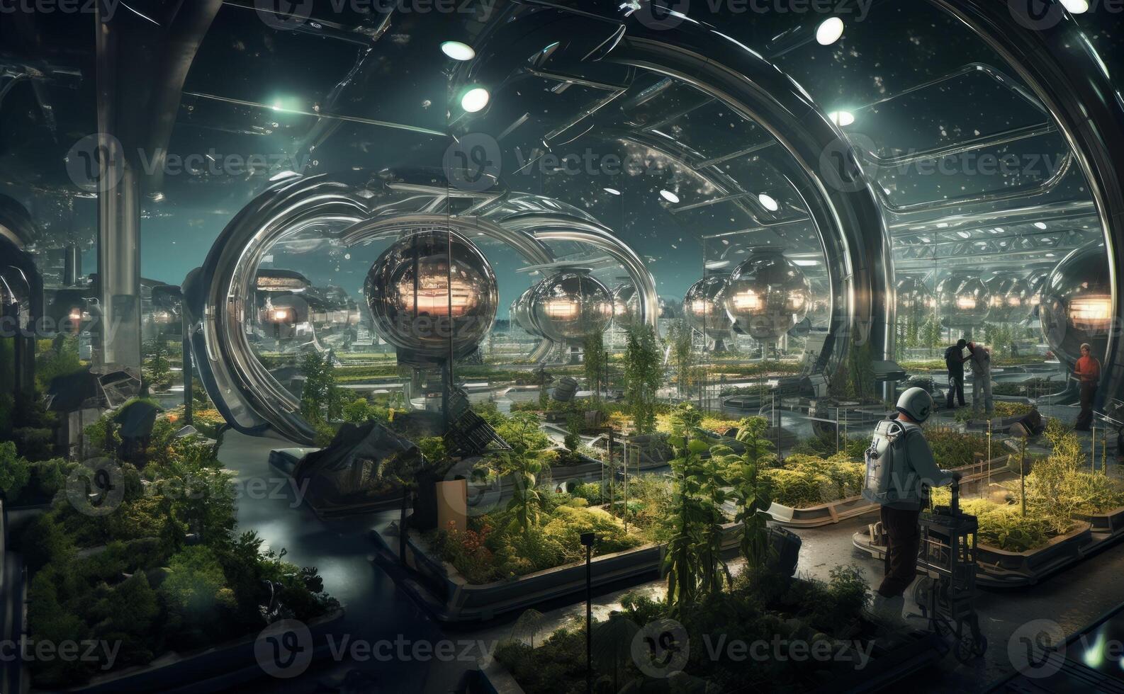 A futuristic depiction of agriculture shows cultivation and farming in glass enclosures on the surface of Mars in space, highlighting innovation and sustainability efforts in space photo