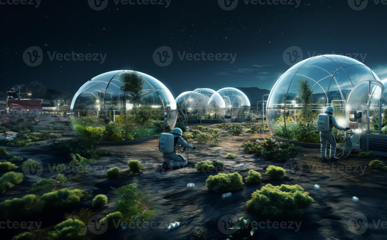A futuristic depiction of agriculture shows cultivation and farming in glass enclosures on the surface of Mars in space, highlighting innovation and sustainability efforts in space photo