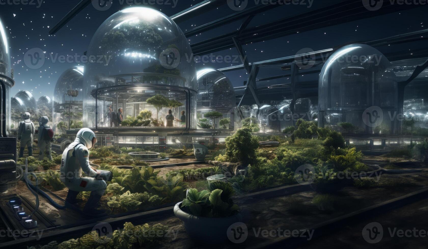 A futuristic depiction of agriculture shows cultivation and farming in glass enclosures on the surface of Mars in space, highlighting innovation and sustainability efforts in space photo
