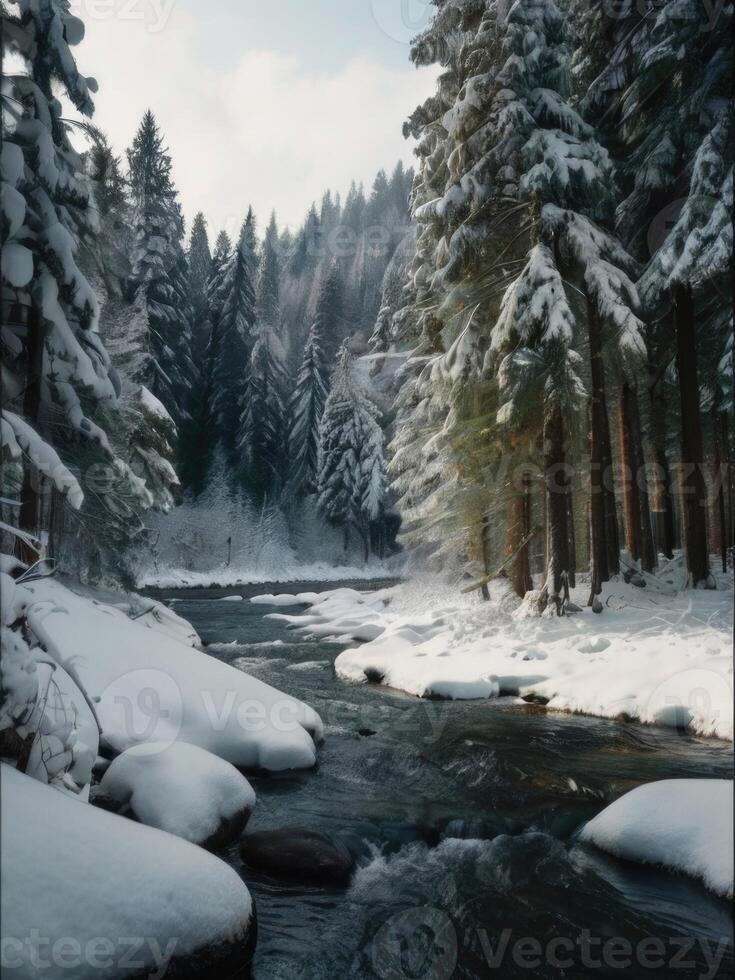 a river runs through a snowy forest photo