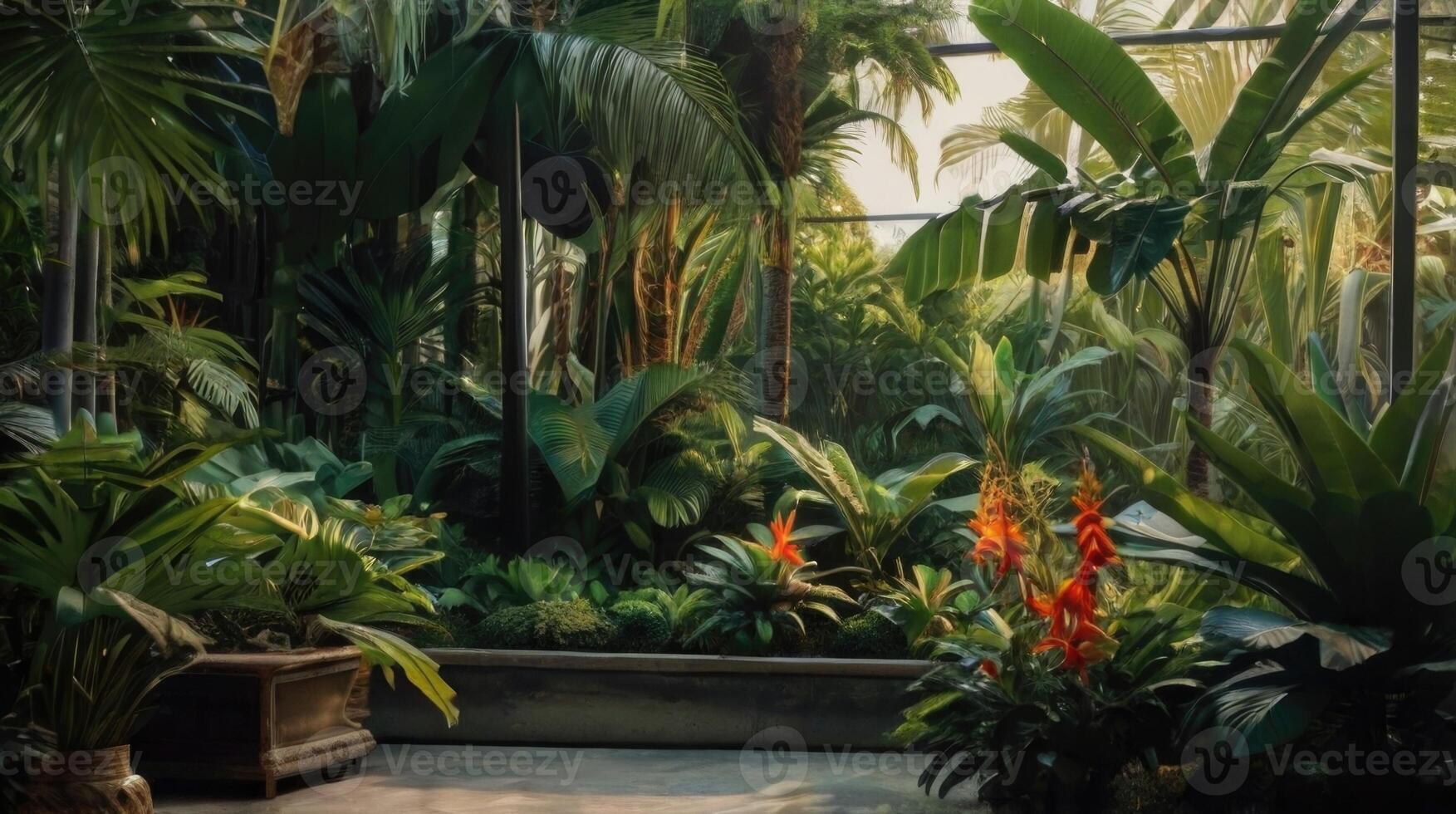 a tropical garden with lots of plants and grass at home photo
