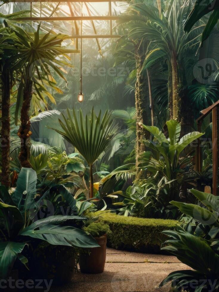 a tropical garden with lots of plants and grass at home photo