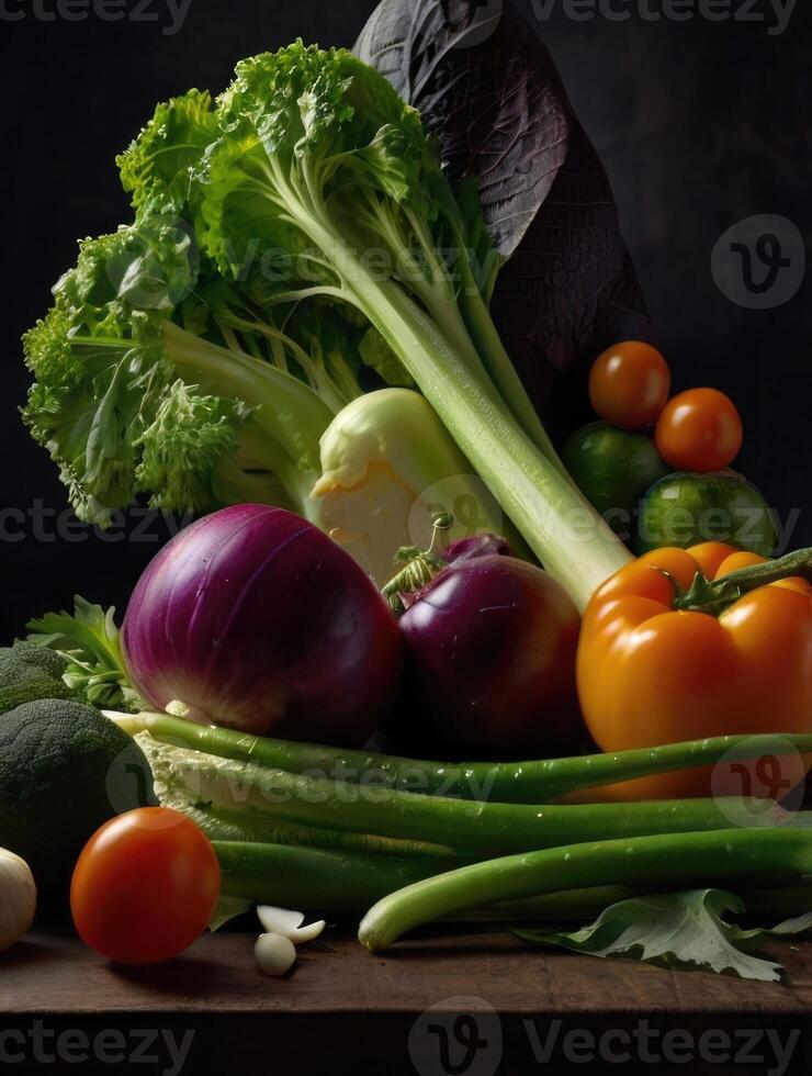 fresh vegetables on a wooden table photo
