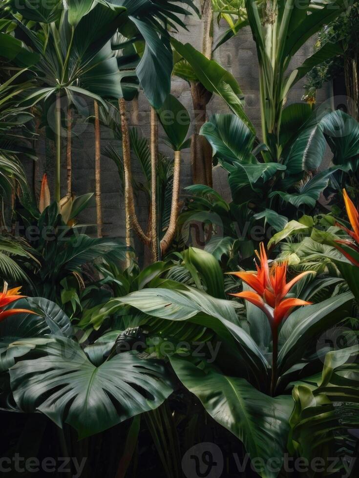 a tropical garden with lots of plants and grass at home photo