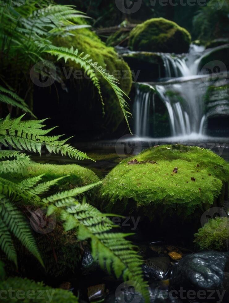 a waterfall in the middle of a lush forest photo