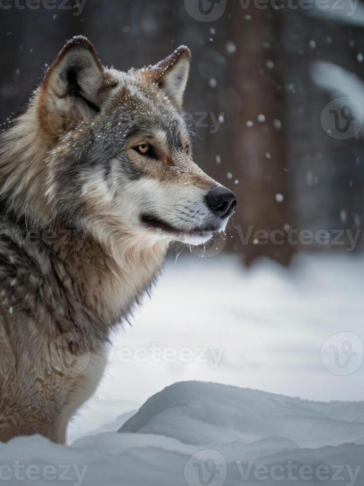 a wolf is standing in the snow photo