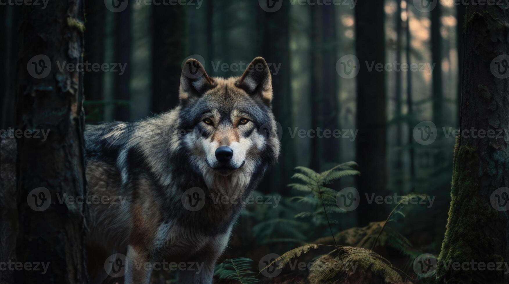 a wolf standing in the woods with trees and ferns photo