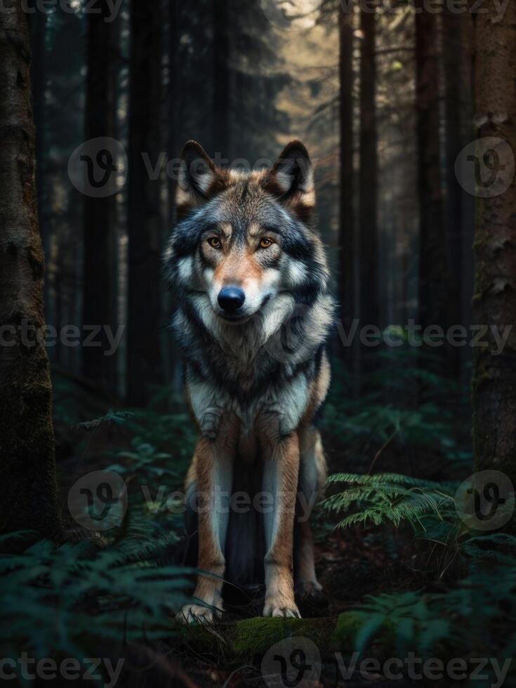 a wolf standing in the woods with trees and ferns photo