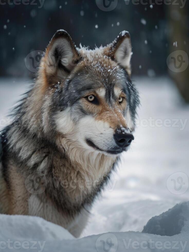 a wolf is standing in the snow photo