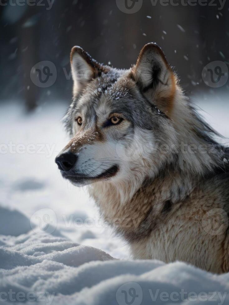 a wolf is standing in the snow photo