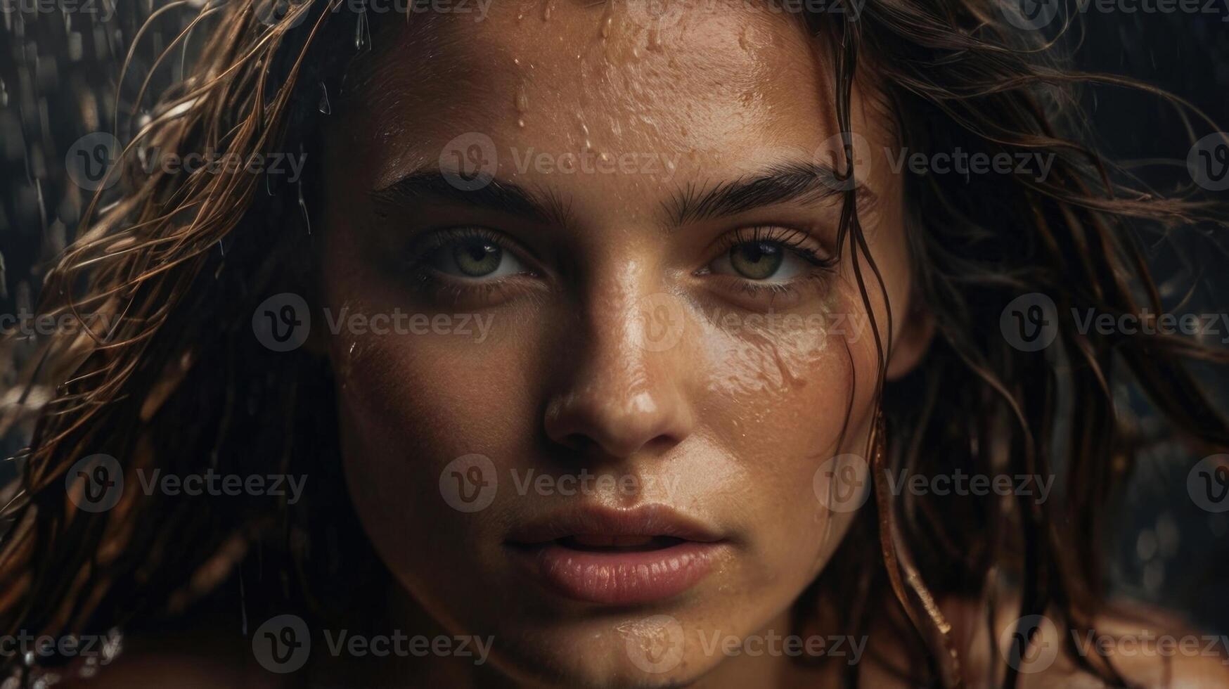 a woman with wet hair and a face covered in water photo