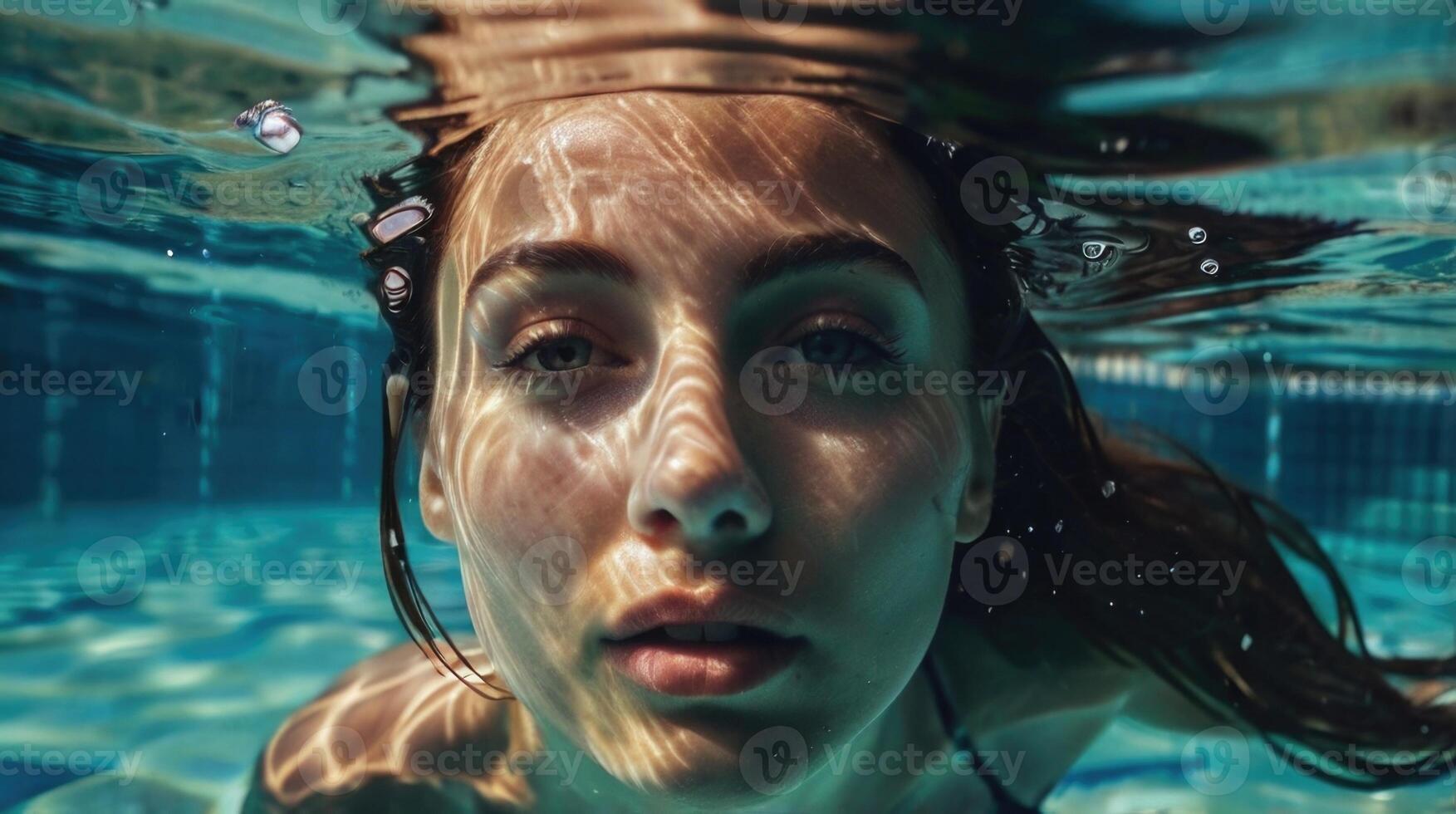 a woman under water with her hair flowing photo
