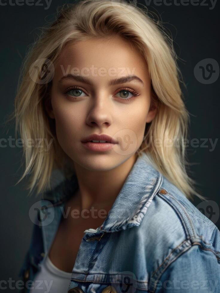 Young woman wearing a white t-shirt and denim Jacket photo