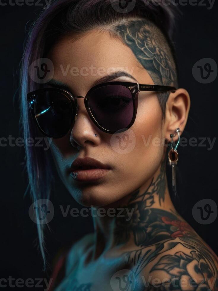 a woman with tattoos and sunglasses photo
