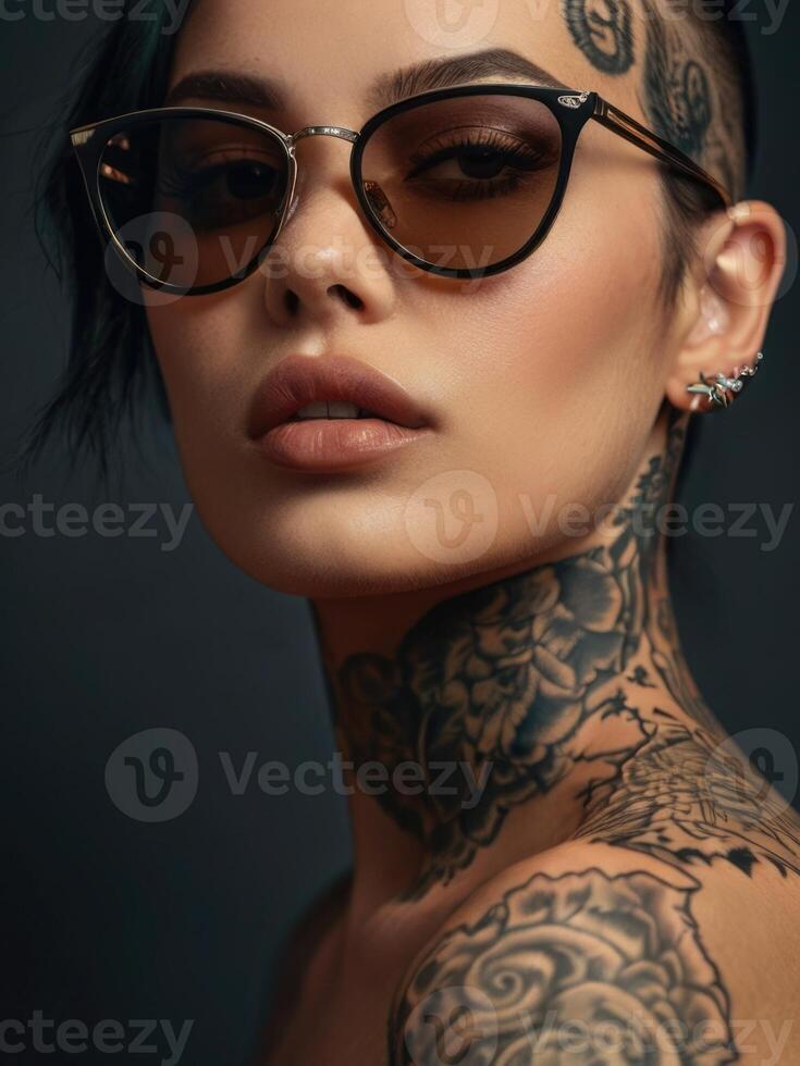 a woman with tattoos and sunglasses photo