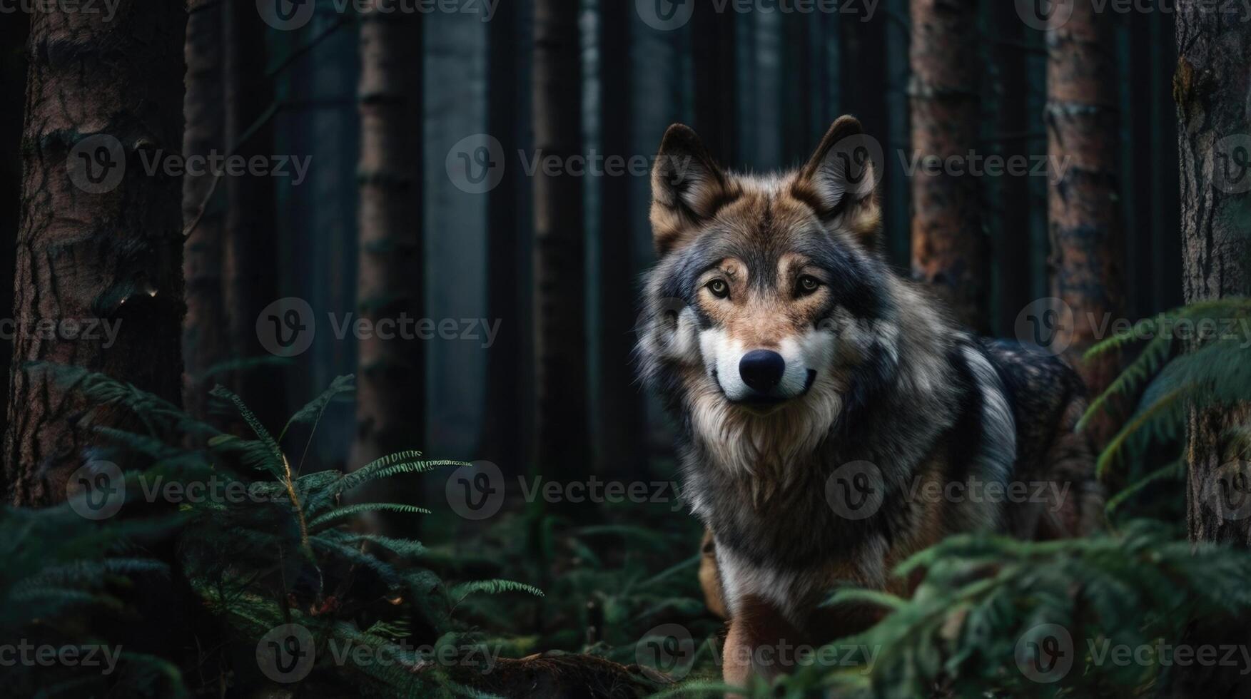 a wolf standing in the woods with trees and ferns photo