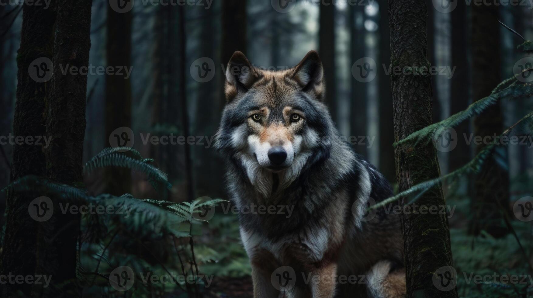 a wolf standing in the woods with trees and ferns photo