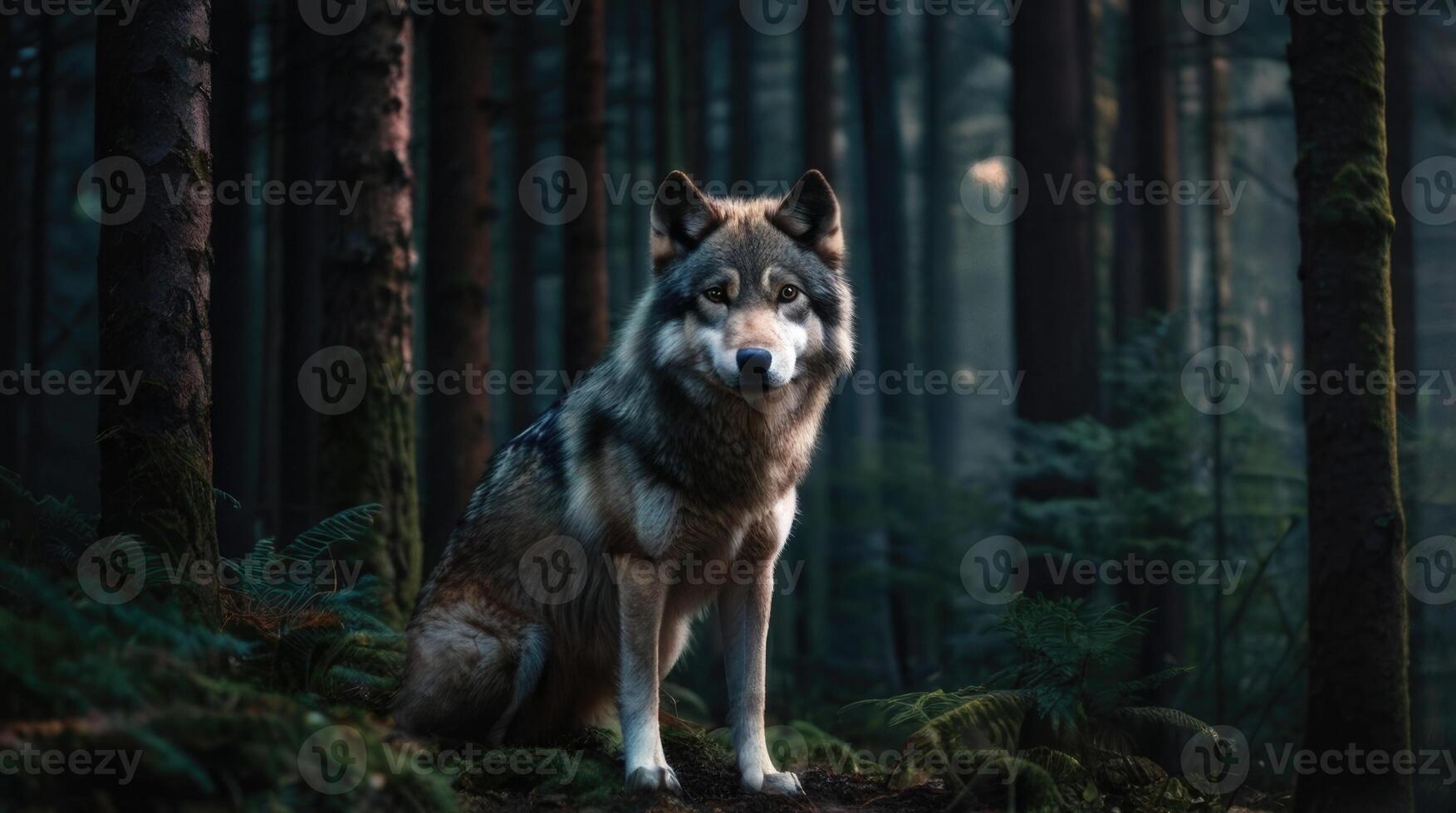 a wolf standing in the woods with trees and ferns photo