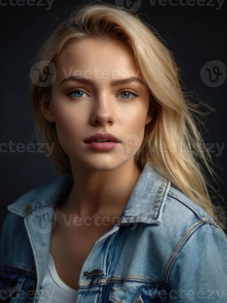 Young woman wearing a white t-shirt and denim Jacket photo