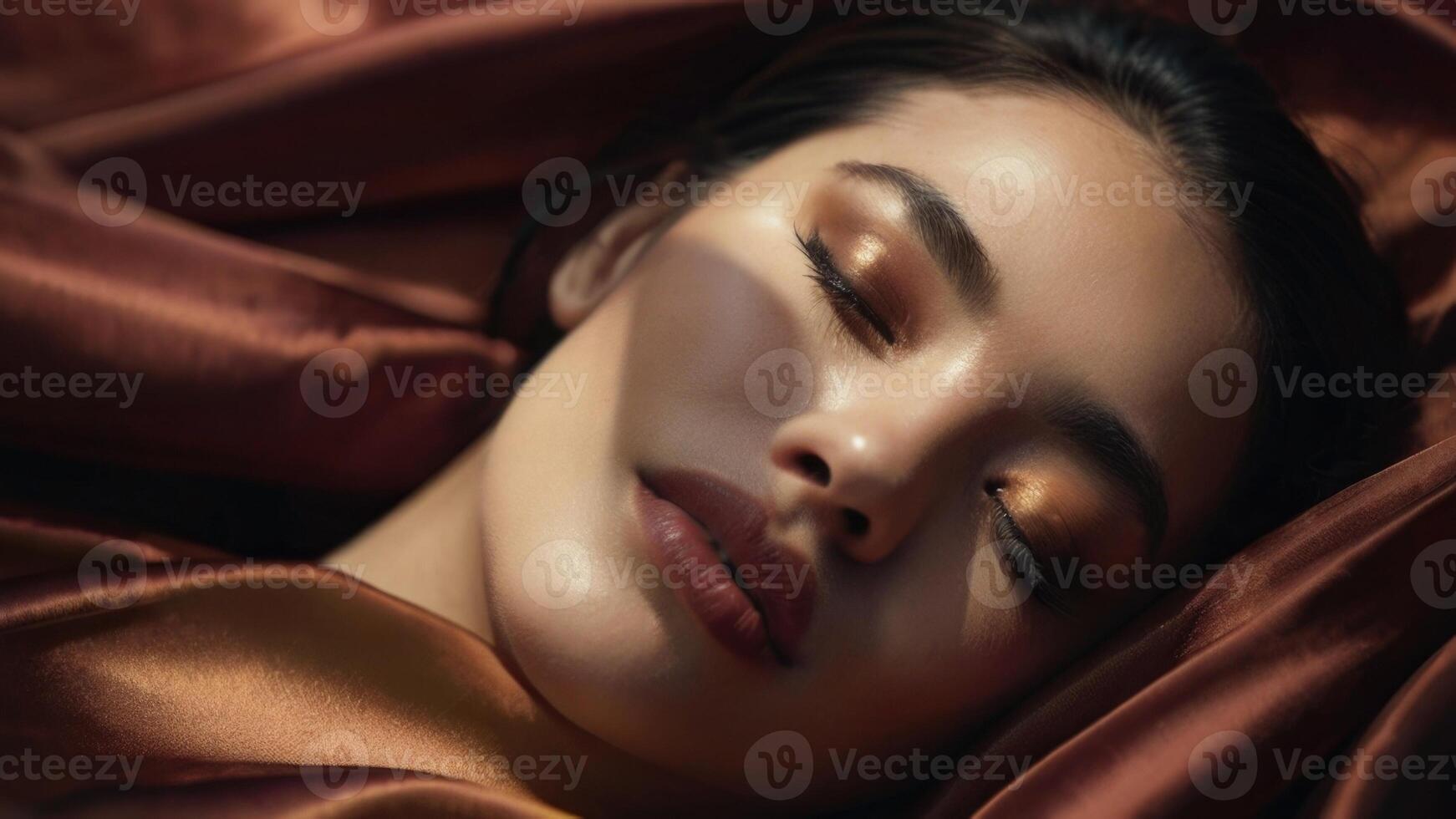 beautiful woman sleeping in Fabric silk photo