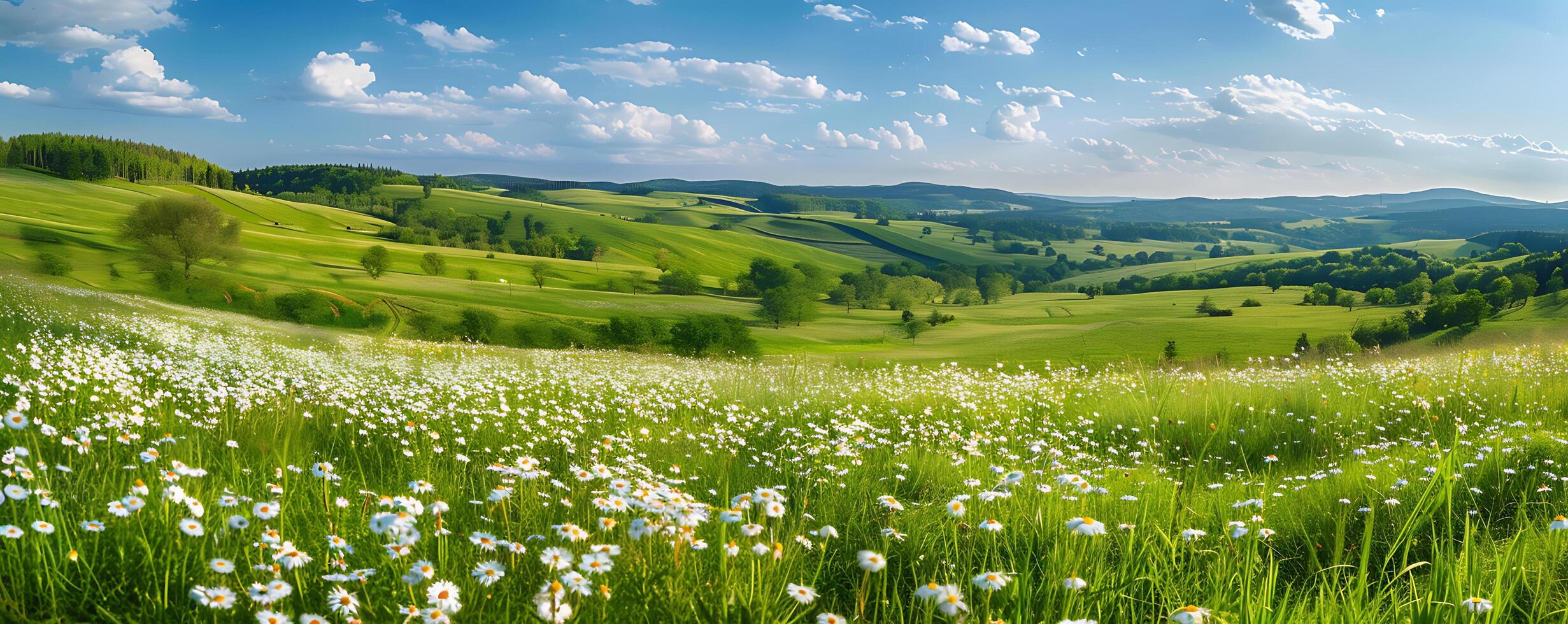 Blooming Daisies in Spring and Summer Pastoral Scene photo