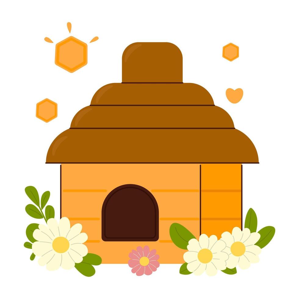 A beehive in the form of a house. A house for honey bees with flowers. A beehive isolate. vector