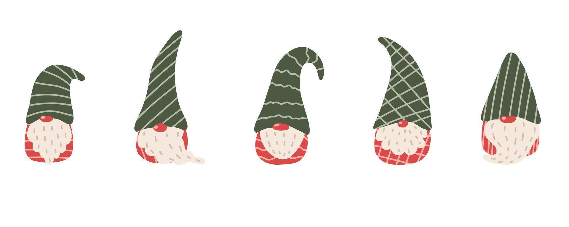 Christmas Scandinavian small gnomes. Little gnome in a New Year's santa hat. Set of flat cartoon hand drawn characters. Stock illustration isolated on white background. vector