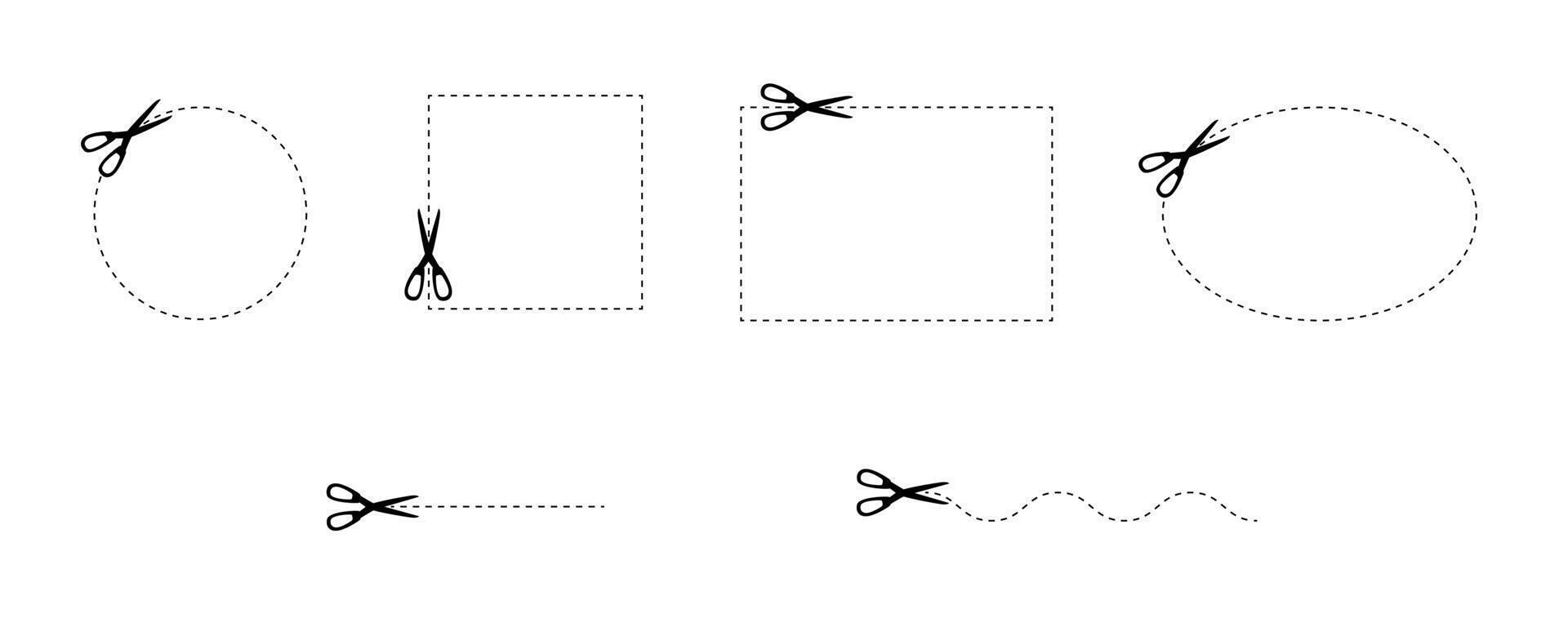Set of scissors icons with dotted lines path. Cut here pictogram for coupons, vouchers, labels, paper pages. Simple graphic stock illustration isolated on white background. vector