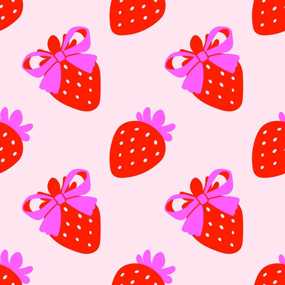 Seamless pattern with red strawberries and pink bows on a beige background. Girly background. Repeating print for fabric, wrapping paper, textile vector