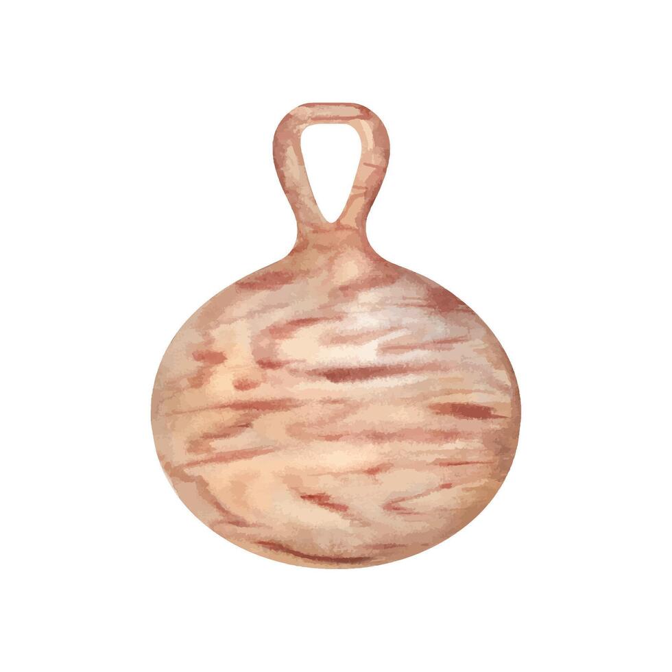 Oval wooden board for cutting food. Handle with hook hole. Crafted unusual food utensil. Chopping board with brown texture. Top view. Watercolor illustration for decor, as template vector