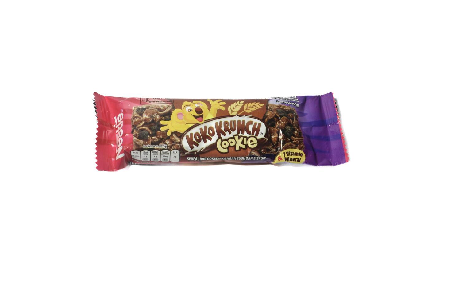 Lampung, Indonesia - 1st July 2024 Koko Crunch snack packaging is shaped like a chocolate bar New product innovation photo