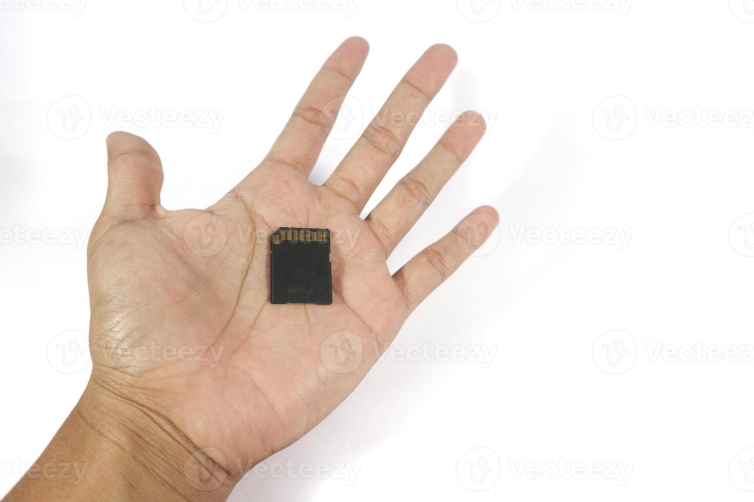 SD card placed on the palm of the hand. isolated on white background photo