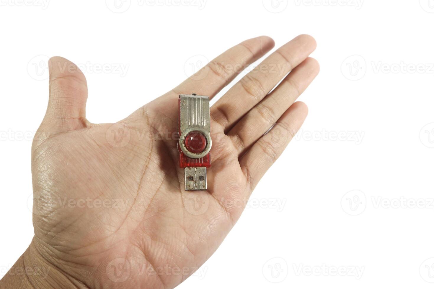 Man's hand holding a red usb drive or flashdisk on a white background. isolated white background photo