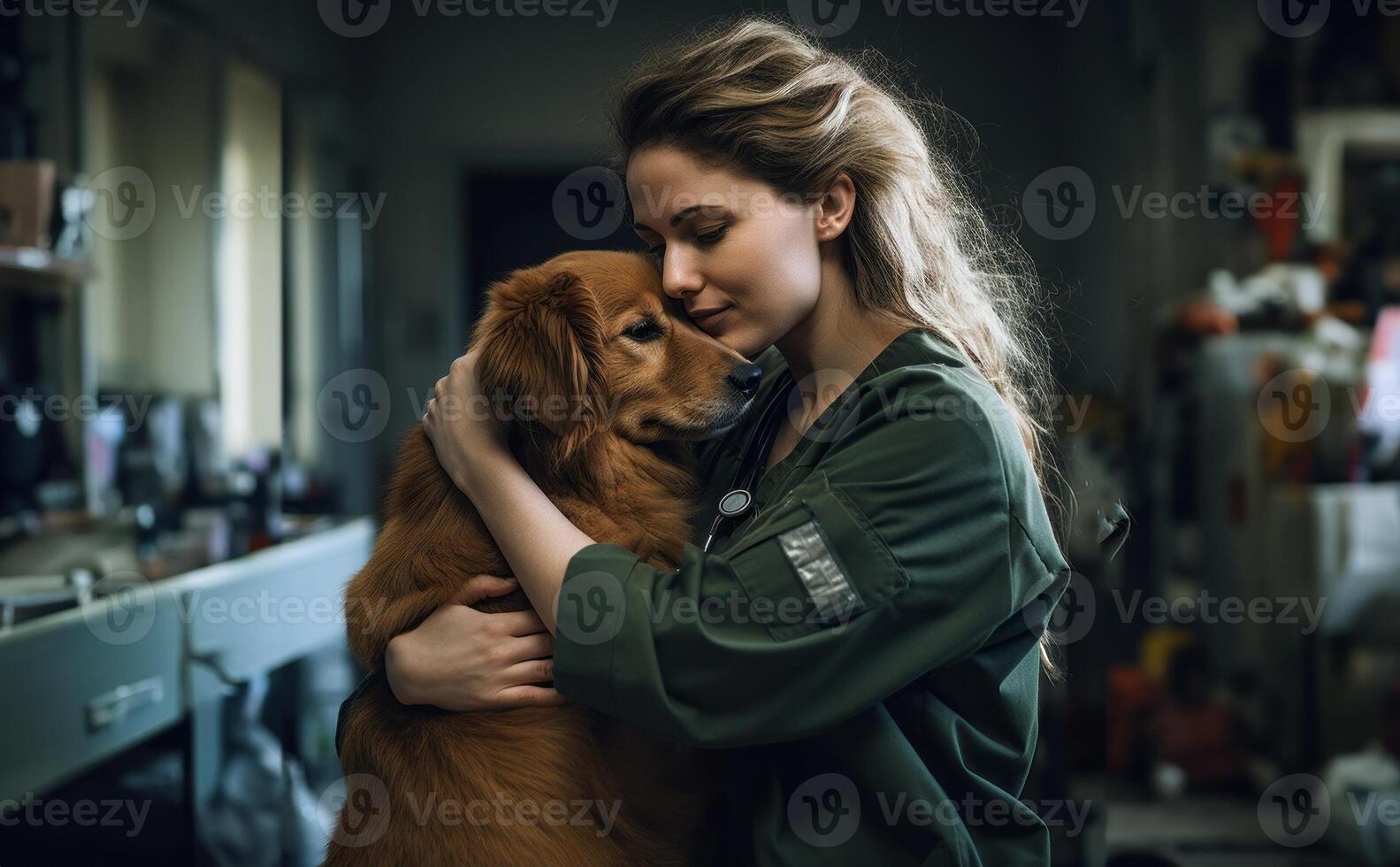 A veterinarian tenderly embraces a dog in a veterinary clinic, demonstrating compassion and care.Generated image photo