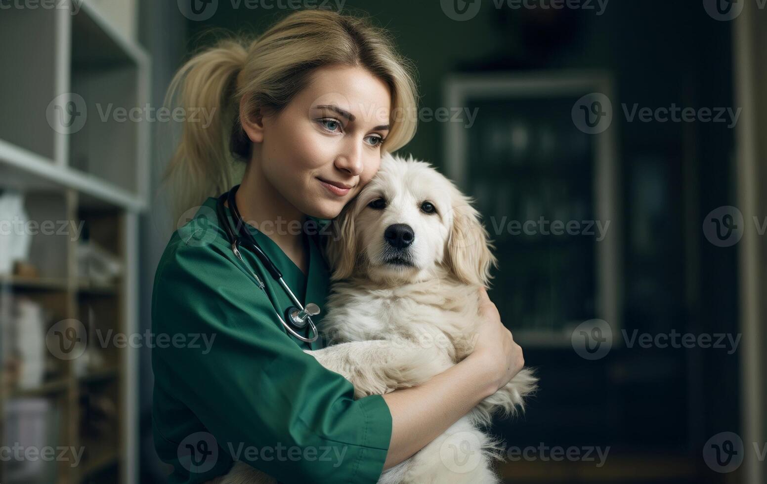 A veterinarian tenderly embraces a dog in a veterinary clinic, demonstrating compassion and care.Generated image photo