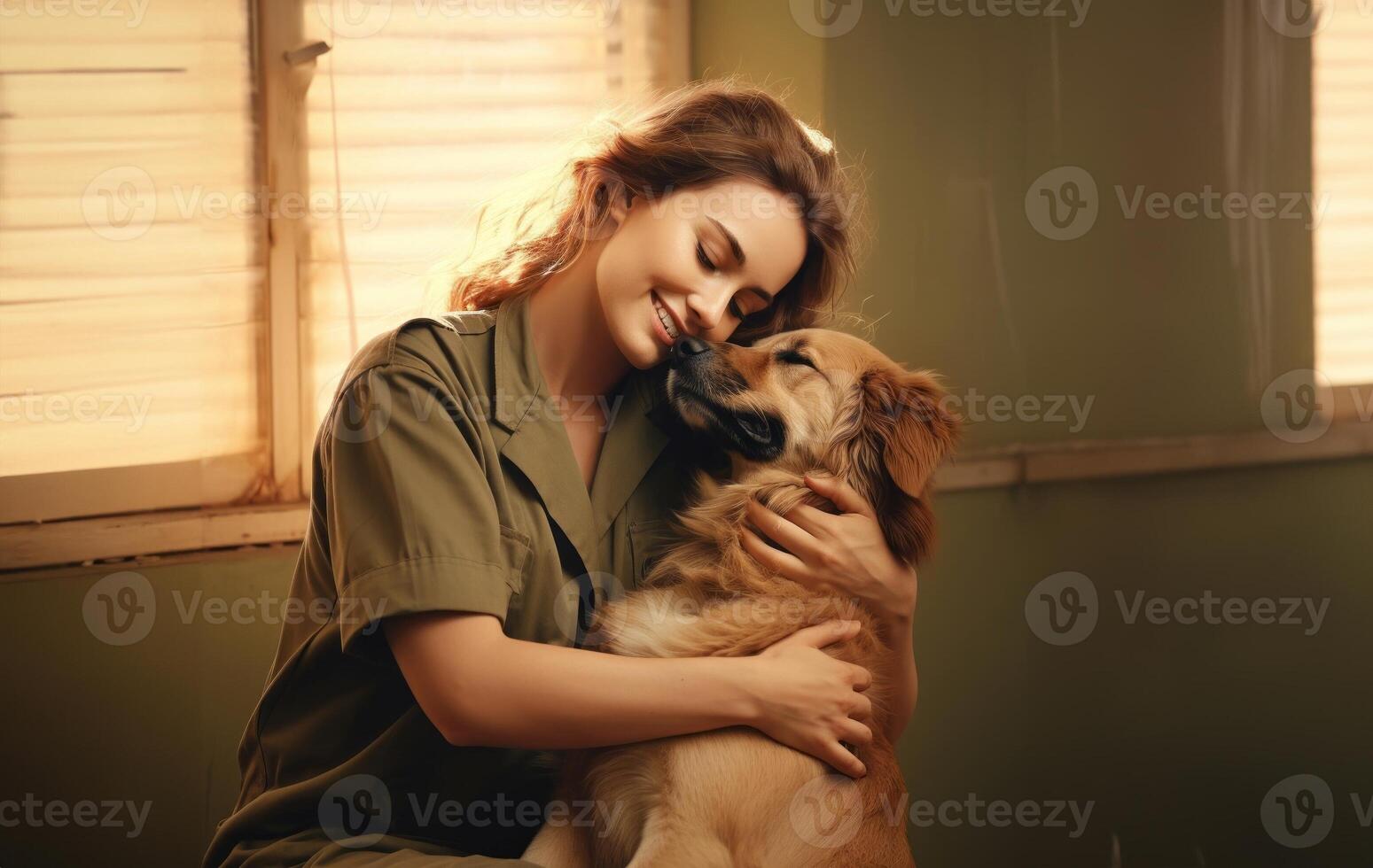 A veterinarian tenderly embraces a dog in a veterinary clinic, demonstrating compassion and care.Generated image photo