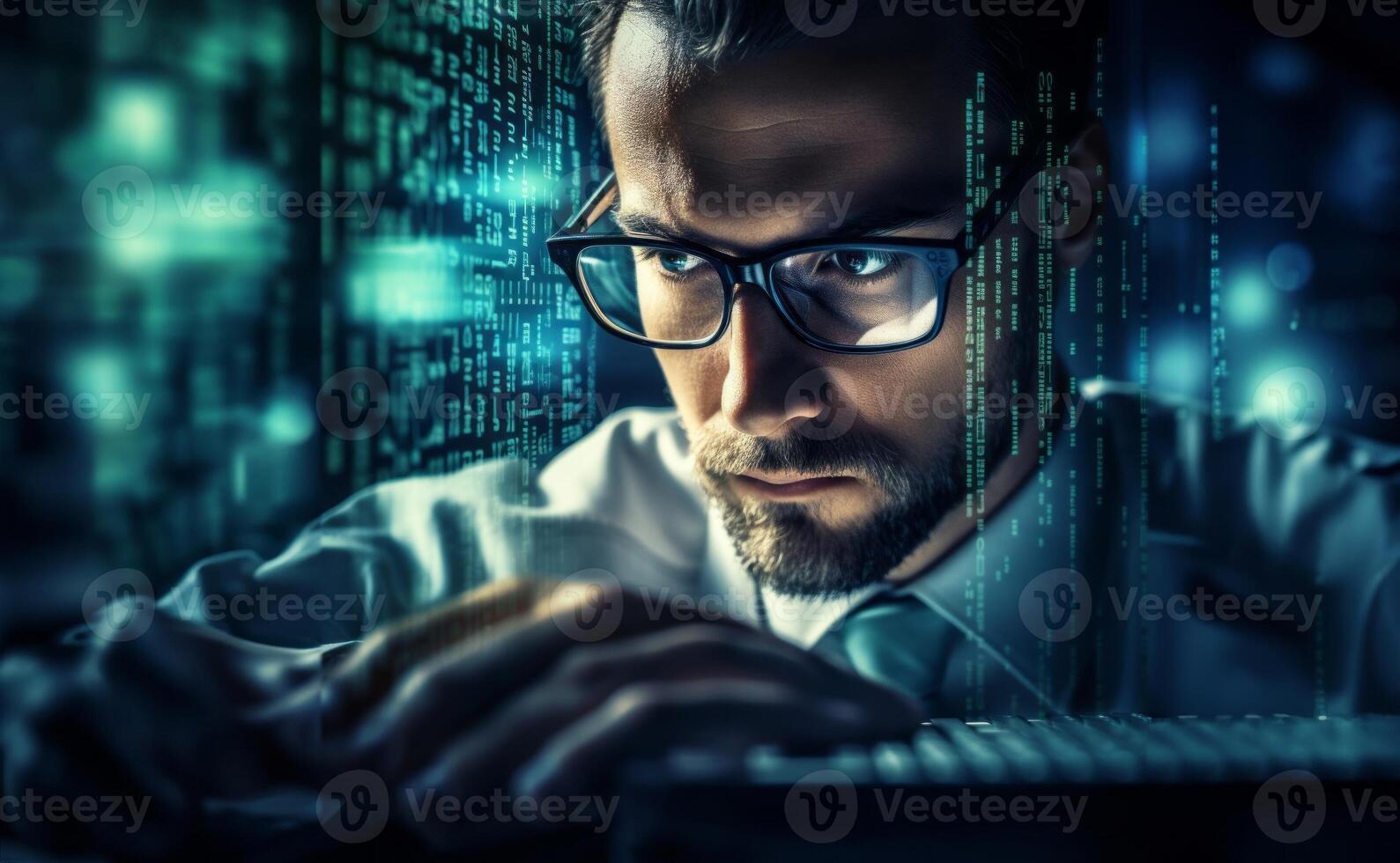 A hacker, surrounded by technological holograms, intensely focuses on coding in a close-up shot, portraying a futuristic cyber atmosphere.Generated image photo