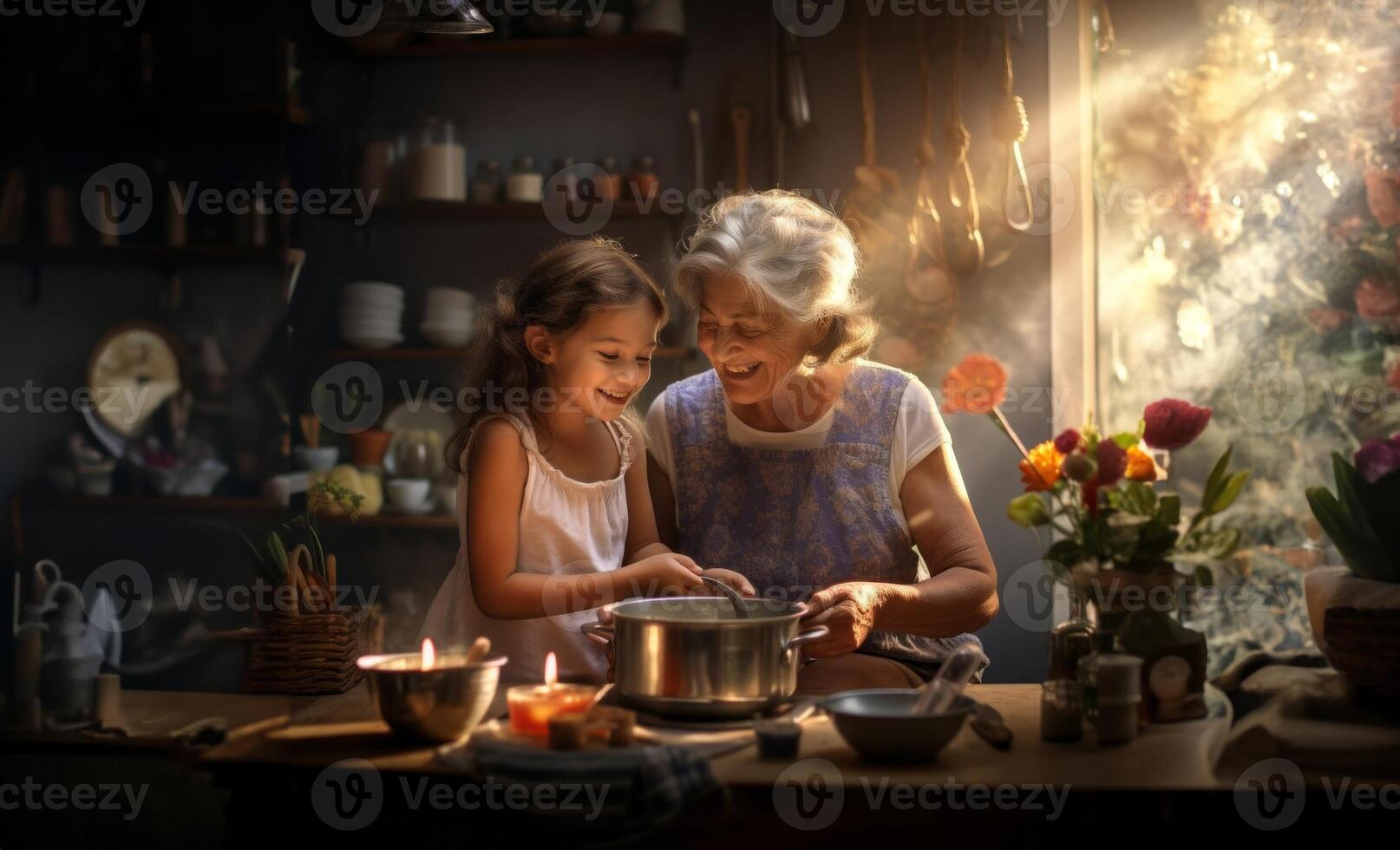 A grandmother and her granddaughter share precious moments as they lovingly prepare a delicious meal together, embodying the essence of family, tradition, and culinary heritage.Generated photo