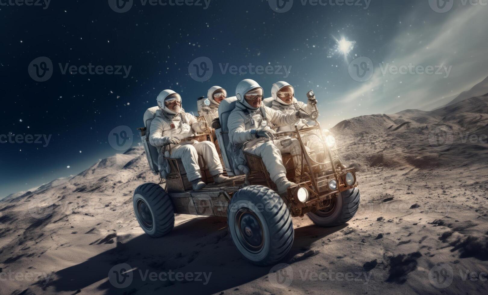 A group of seasoned astronauts traverses the Martian terrain in a state-of-the-art rover, embodying a blend of wisdom and futuristic exploration as they navigate the red planet photo