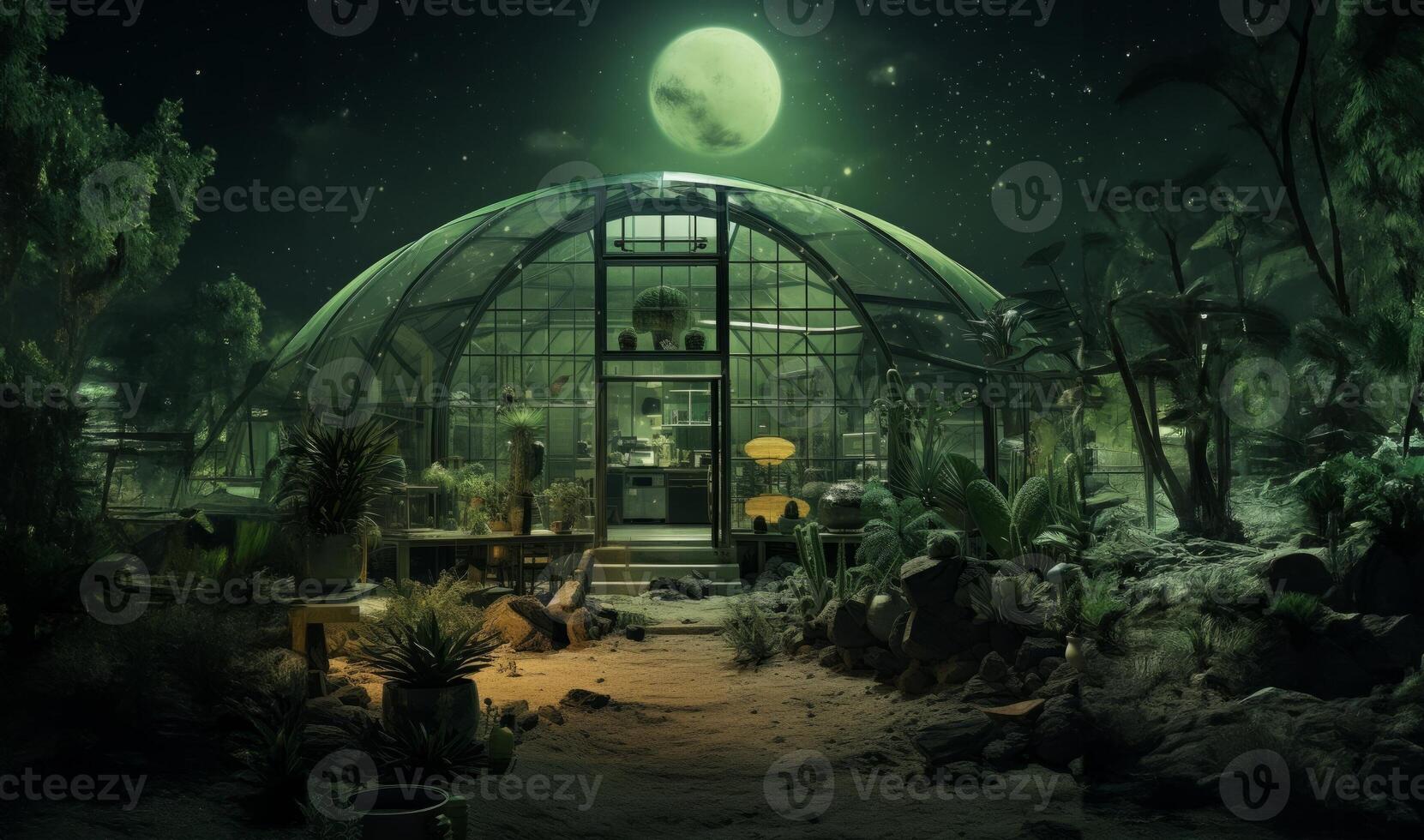 Within a glass-enclosed chamber on Mars, a pioneering space greenhouse cultivates earthly sustenance, showcasing the integration of advanced technology and sustainable practices for photo