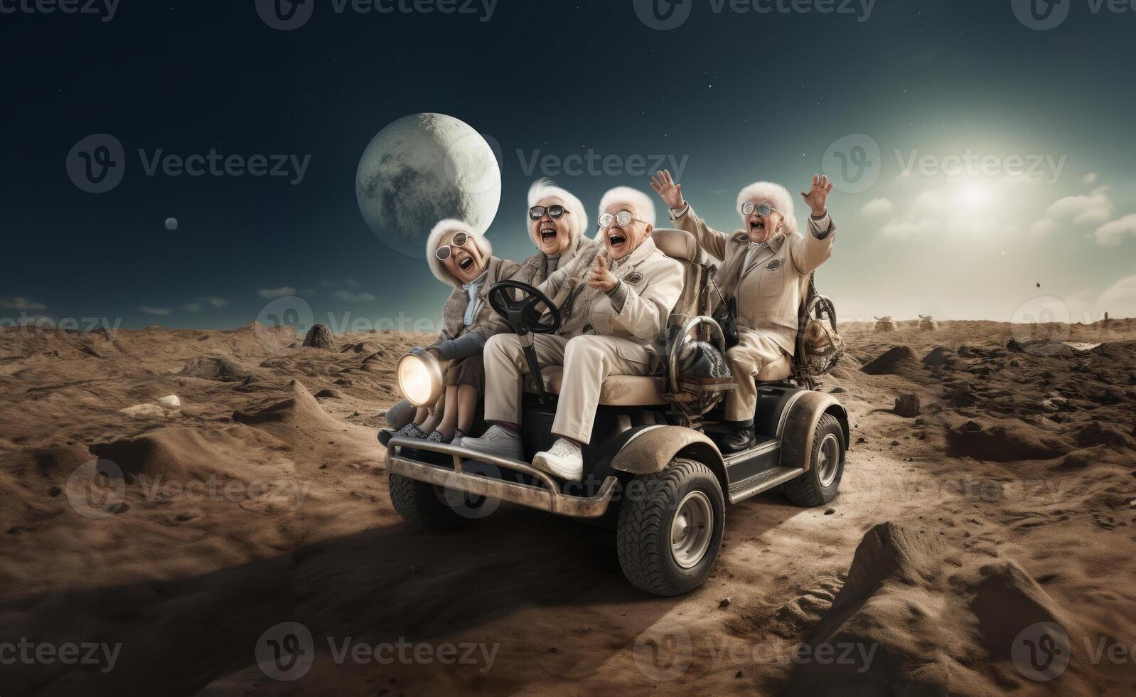A group of seasoned astronauts traverses the Martian terrain in a state-of-the-art rover, embodying a blend of wisdom and futuristic exploration as they navigate the red planet photo