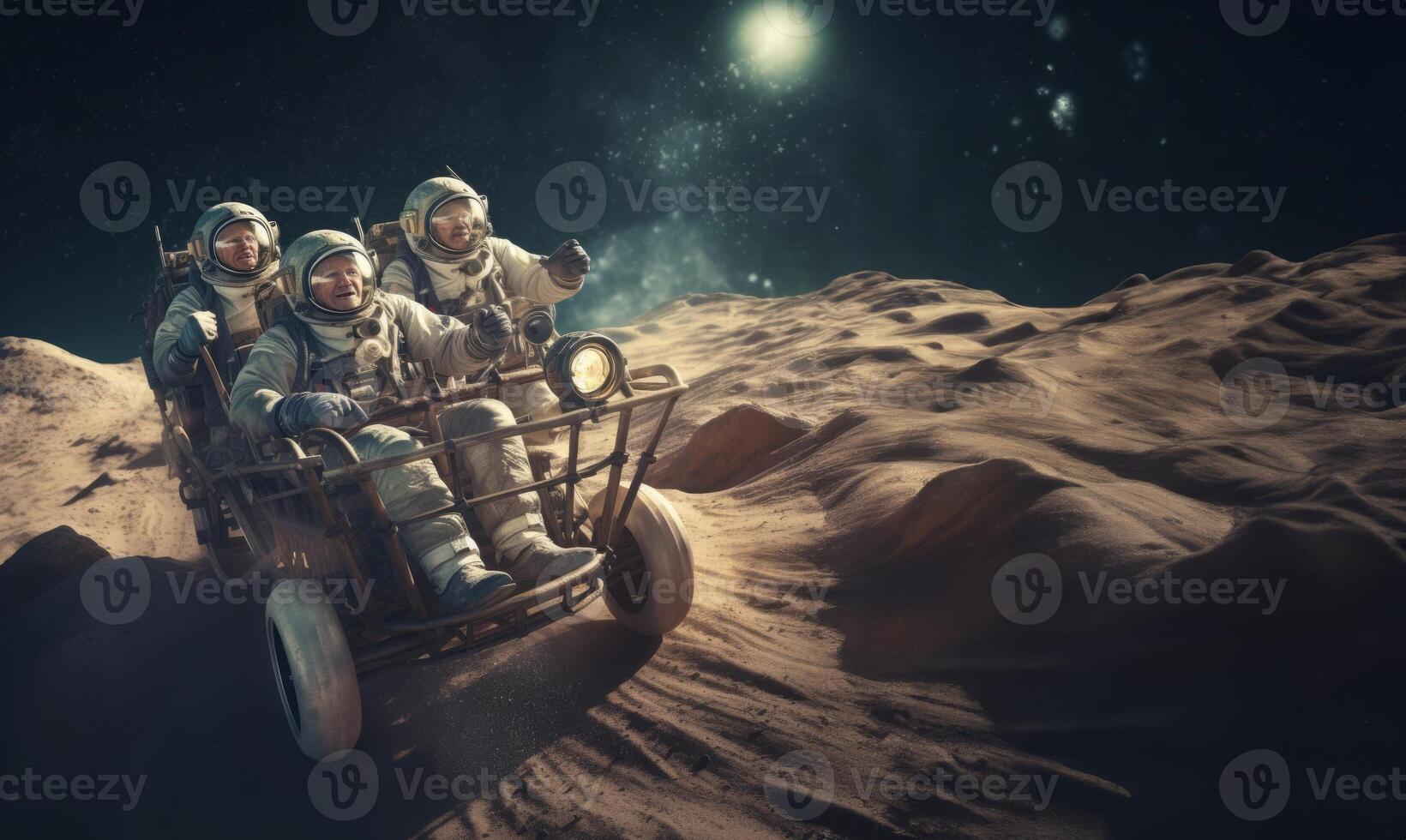 A group of seasoned astronauts traverses the Martian terrain in a state-of-the-art rover, embodying a blend of wisdom and futuristic exploration as they navigate the red planet photo
