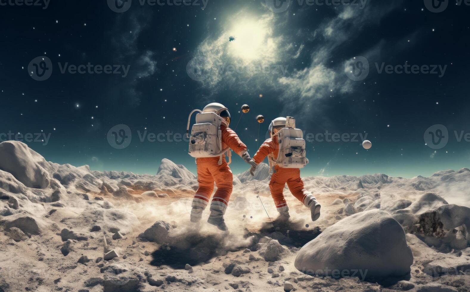 a group of friends revels in cosmic joy, creating unforgettable memories as they play and laugh together on the surreal surface of the moon, embodying the spirit of extraterrestrial photo