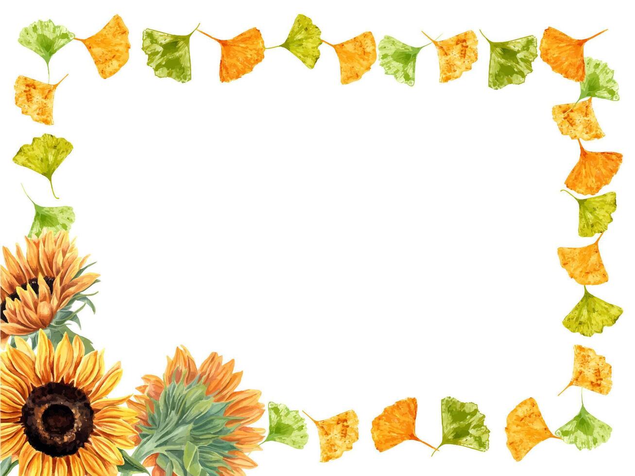 Shiny sunflower bouquet and gingko leaves. Horizontal frame of autumn plants. Field blooming flowers and exotic yellow green leaves together. Watercolor illustration for greeting, thanksgiving decor vector