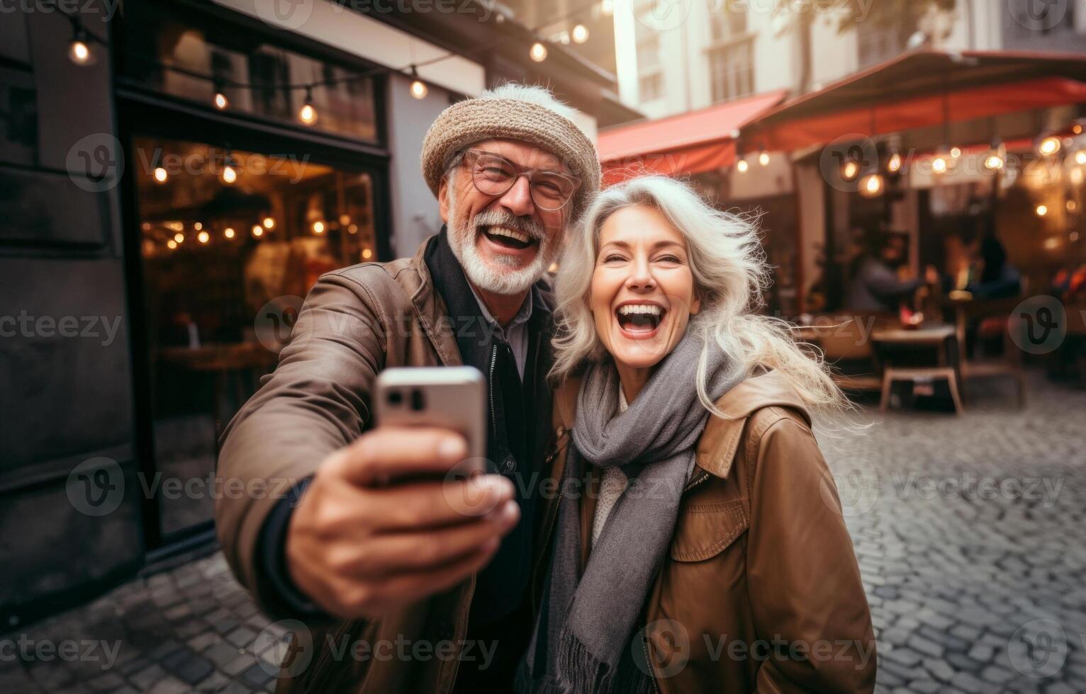Elderly modern couple captures a selfie against the backdrop of the urban cityscape, seamlessly blending ageless connection with the vibrancy of city life.Generated image photo